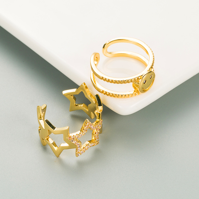 New Design Couple Jewelry Wholesale 18K Gold Plated Crystal Happy Smile Face Cute Adjustable Rings Full Diamond Star Chain Ring