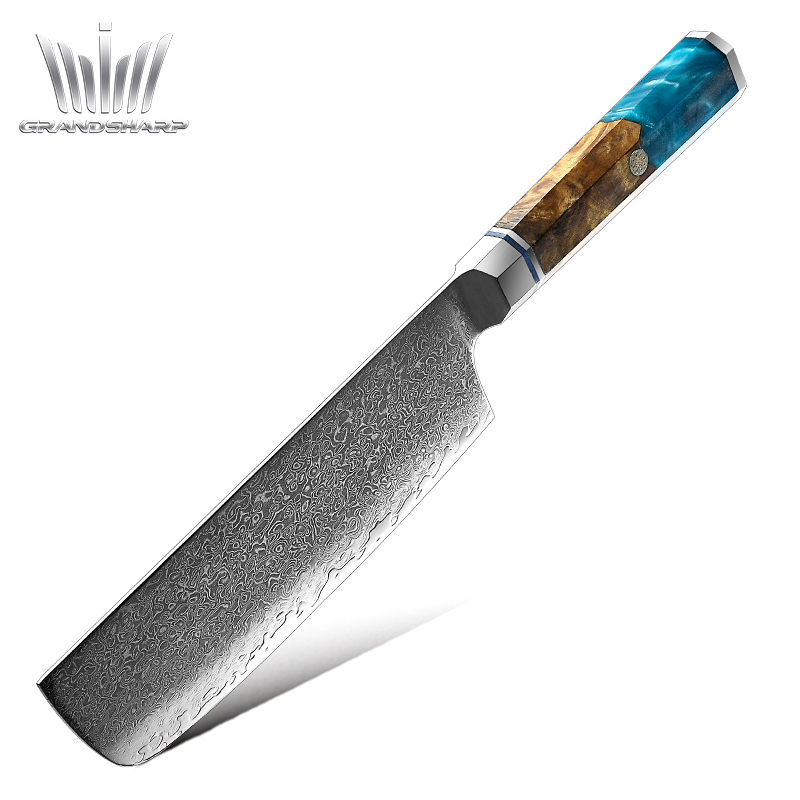 7'' Nakiri Knives High Carbon Blue Resin Handle Japanese Vegetable Cleaver Cutter Chef Kitchen VG10 Damascus Steel Nakiri Knife