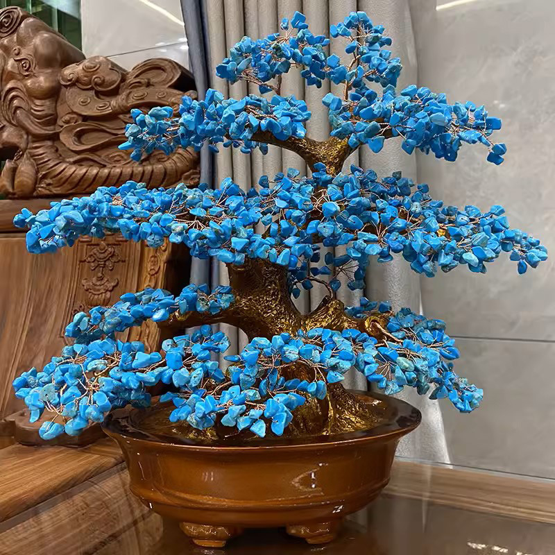 Large Fegnshui Decoration Gifts Blue Wealth Tree Natural Calaite Stone Tree