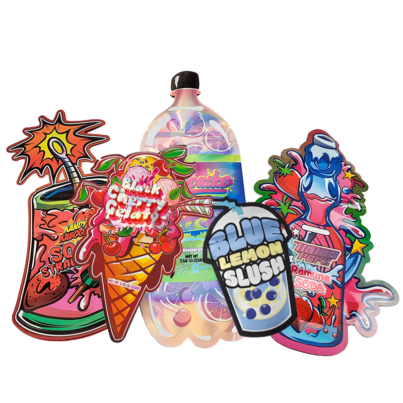 Custom Printed Childproof Resealable Zip Lock Doypack Ice Cream Fireworks Cola Bottle Shape Smell Proof Edible Die Cut Mylar Bag