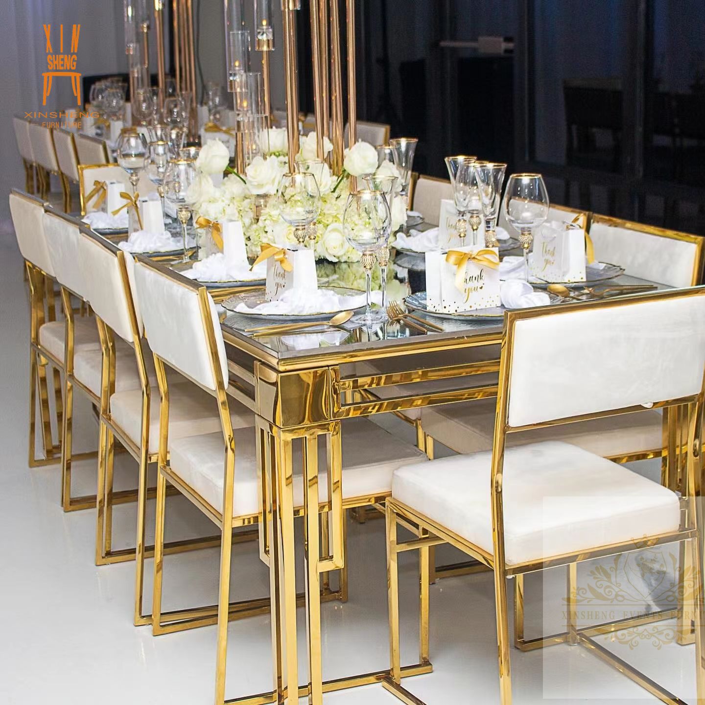 Luxury Glass Top Party Wedding Hotel Banquet Rectangle Gold Event Table