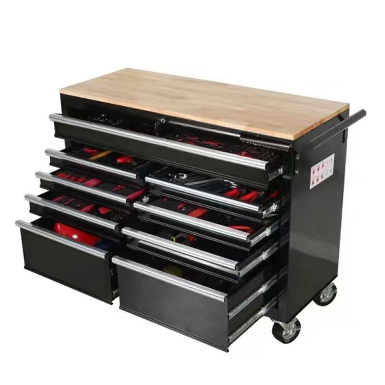 46In 9-Drawers Rolling Tool Chest, Mobile Tool Storage Cabinet/Work bench with Wooden Top/Power Strip, Equipped with Casters,