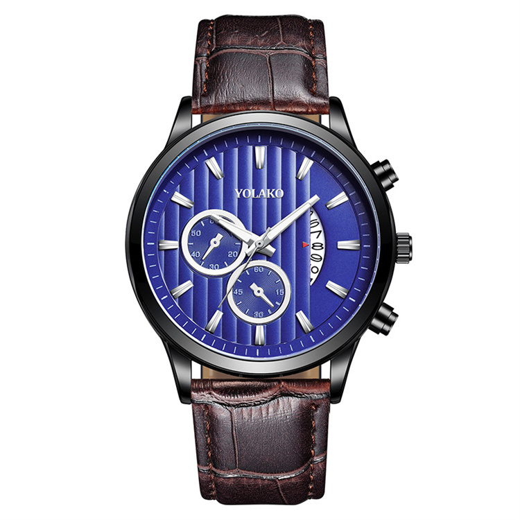 New Product Fashion Two Eyes Five Point Multicolor Metal Dial Feature Calendar Men's Brown Leather Strap Quartz Watch