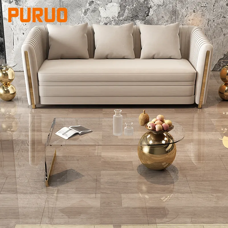 PURUO luxury modern furniture gold stainless steel multifunction tempered glass living room coffee table