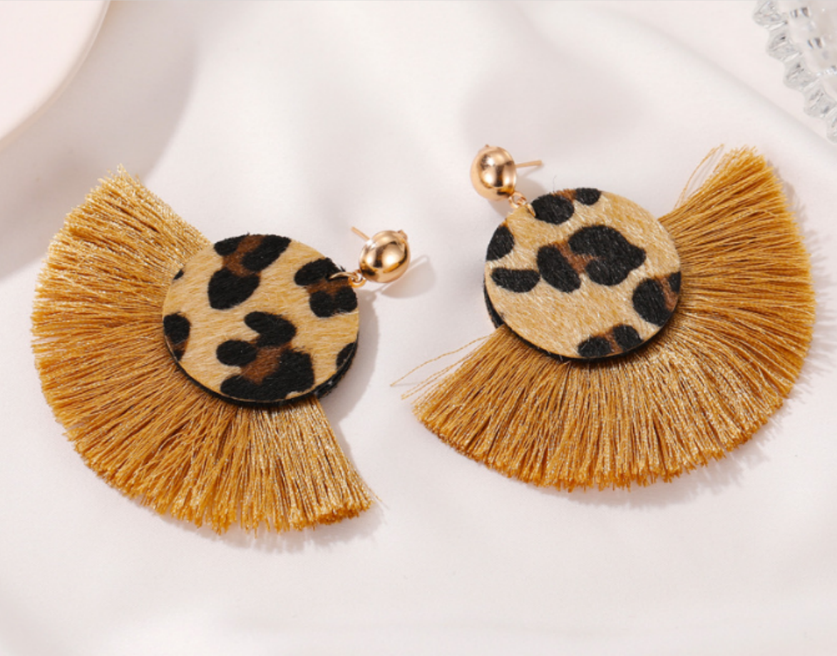 Liberty Gifts DIY colorful acrylic fan shape statement earring bohemian leopard print fan tassel earring