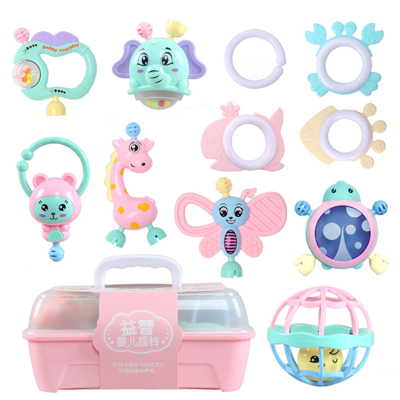 Storage Gift Box Safety Plastic Hand Bell Baby Rattle Silicone Teether Set Toy For Newborn Toy