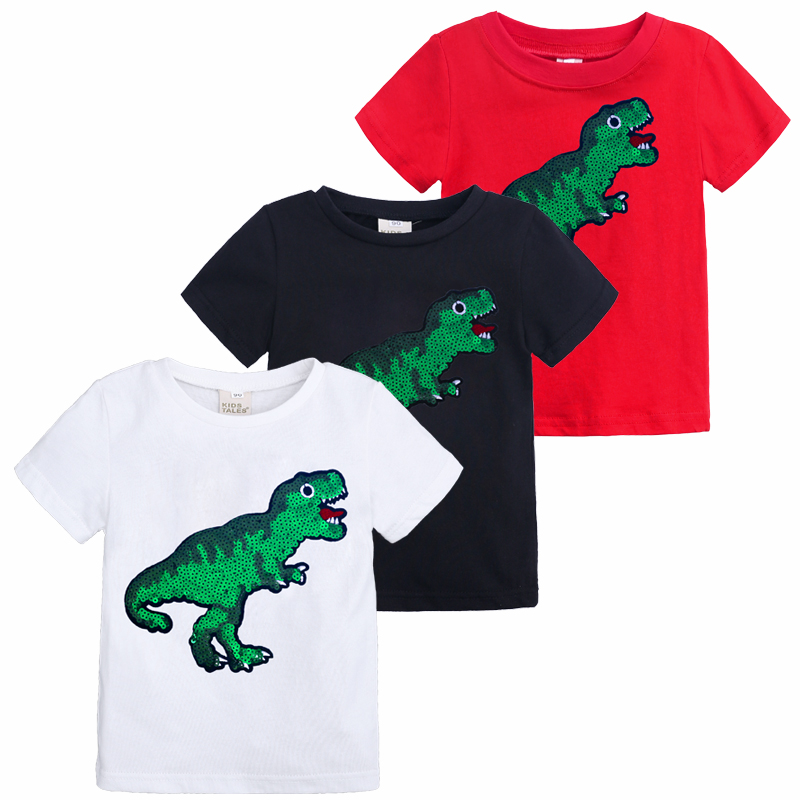 Reversible sequins dinosaur kids clothing short sleeve summer babies t shirt for boys
