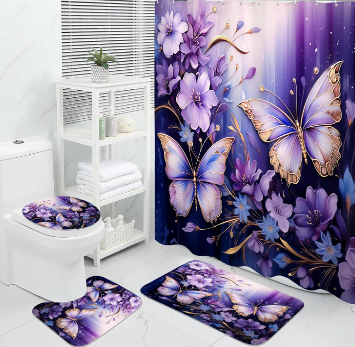 Custom Purple Floral Butterfly design Elegant bathroom sets shower curtain set 4 pcs for bathroom set decor