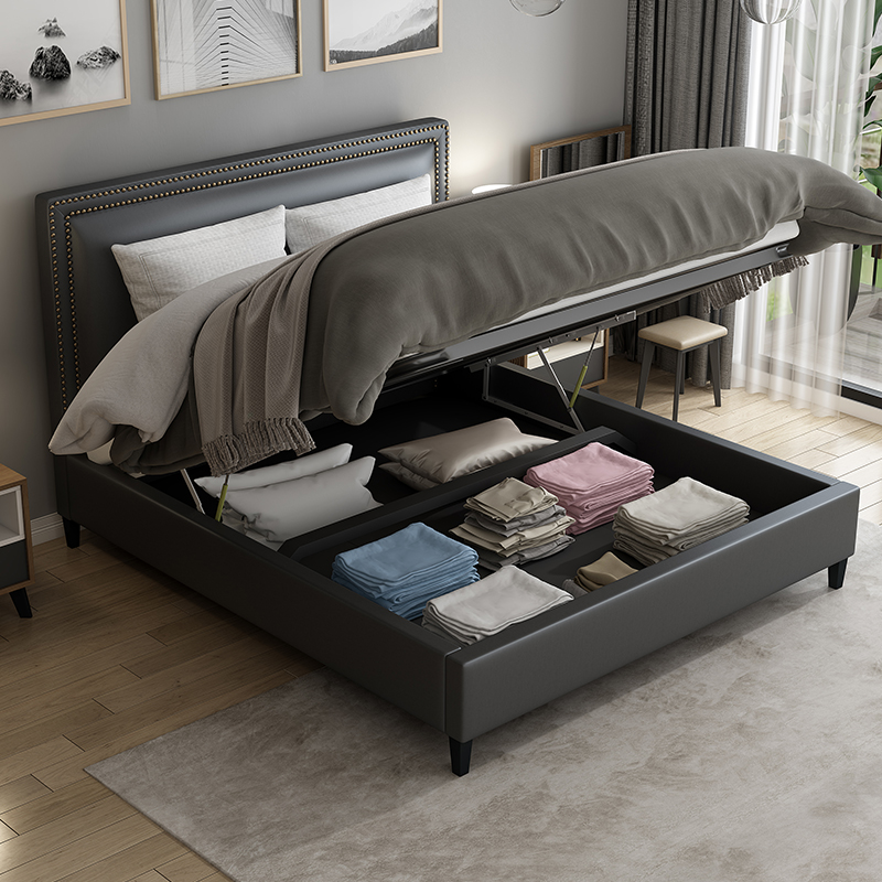 2021 new high-quality minimalist style modern bedroom double leather bed thick bedside multi-function storage large double bed