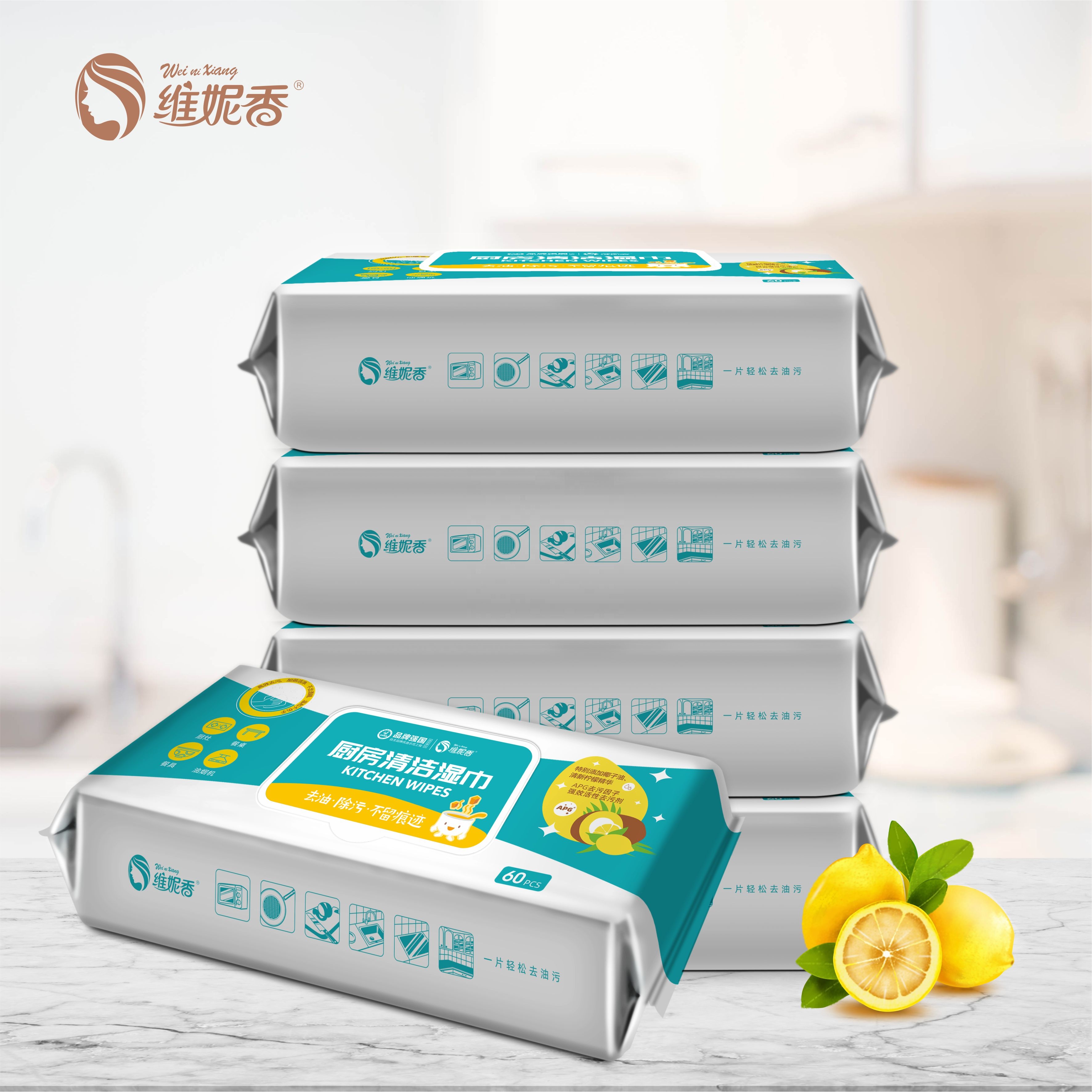Фабричные влажные салфетки OEM для кухни, одноразовые органические салфетки для уборки кухни с личной этикеткой, гигиенические кухонные влажные салфетки с 60 шт.