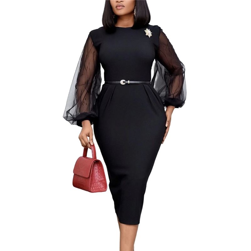 Fashion Black Zipper O Round Mesh Long Sleeve Office Career Dress Lady