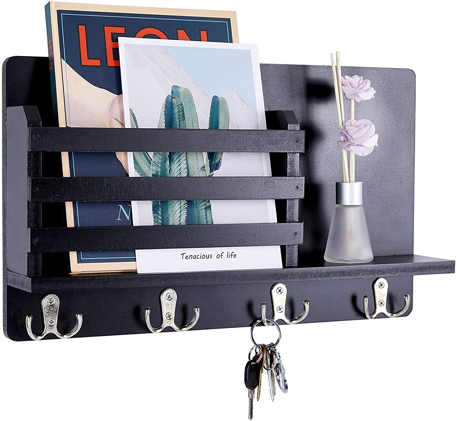 Wooden Key Mail Holder Wall Mounted Mail Sorter Organizer with 4 Double Coat Key Hooks and A Floating Shelf Rustic Hanging Decor