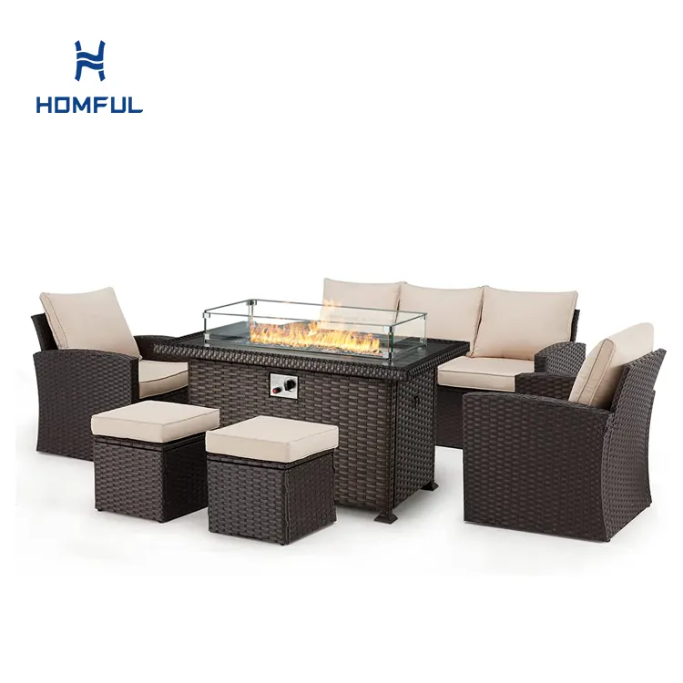 Hot Selling Outdoor Modern Wicker Rattan Patio Furniture Set With Fire Pit Table