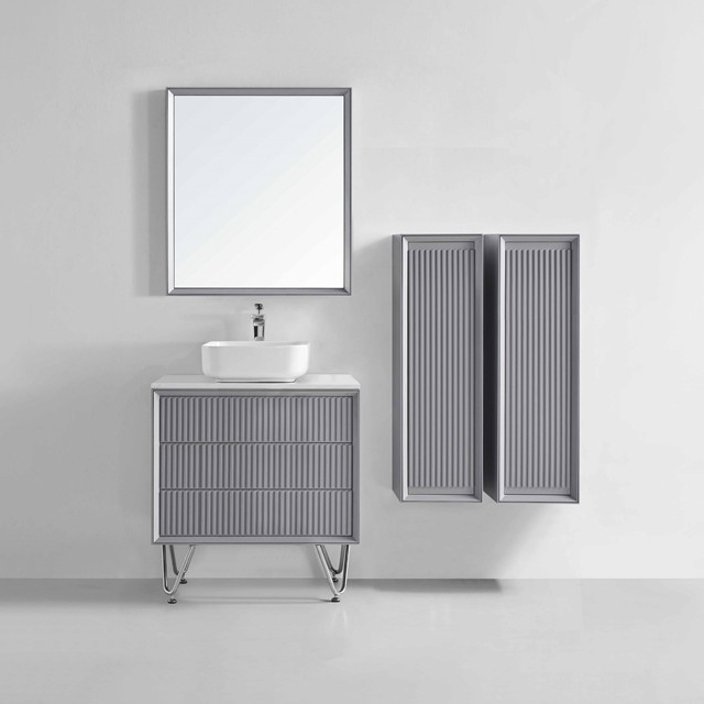 Hotel Household Bath Ceramic Basin Grey Bathroom Vanity Set Cabinet