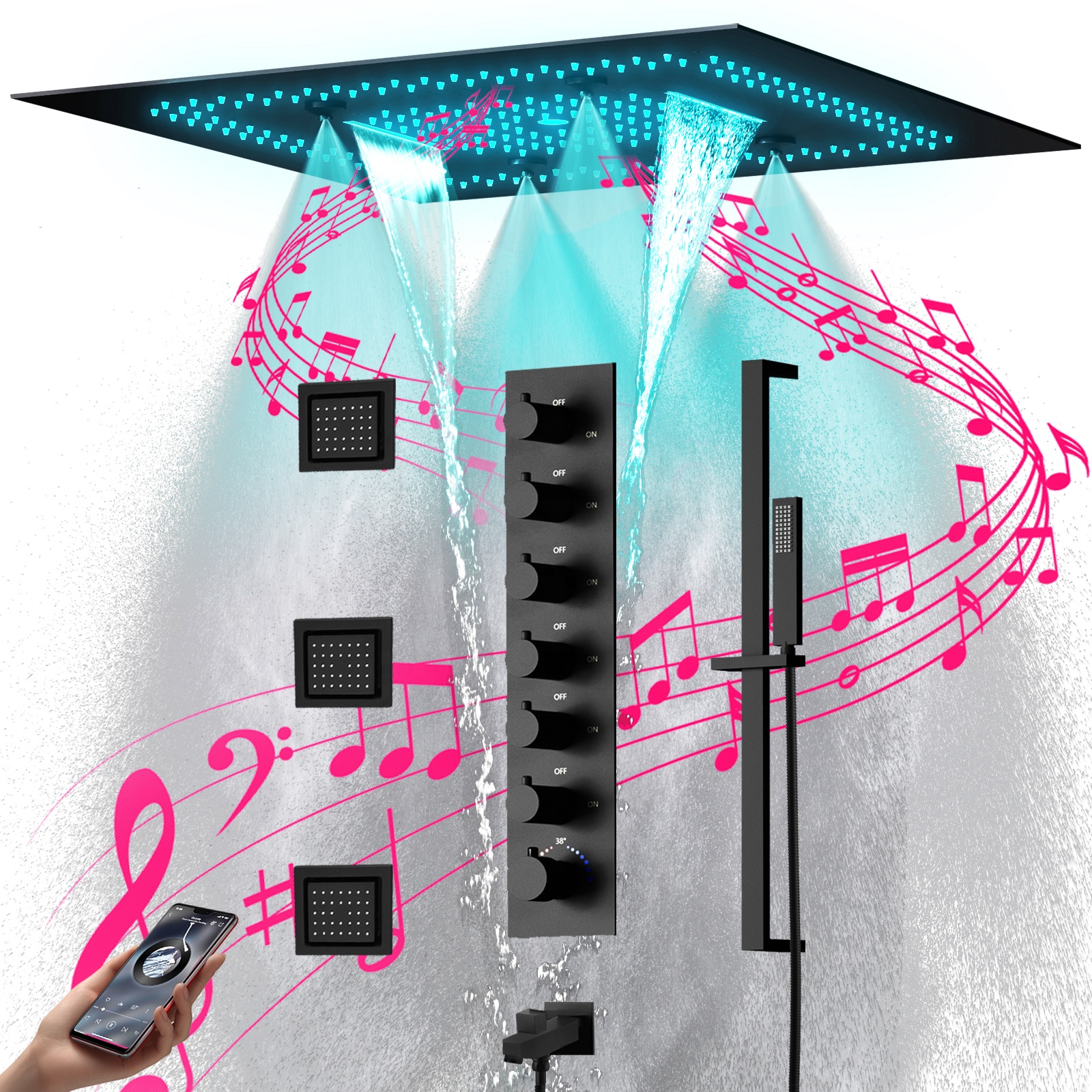 600*600mm Matte Black Large Shower System Set Ceiling LED music Shower Head High Pressure Bathroom Thermostatic Shower Faucet