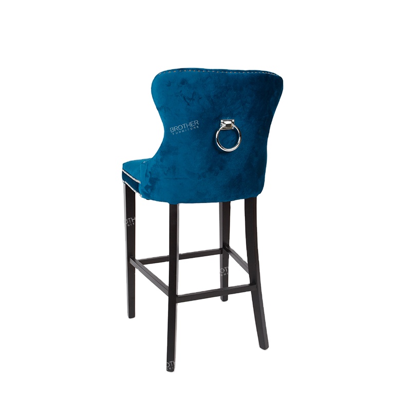 Wholesale high bar stools bar chairs dark blue velvet barstool with tufting back dining modern