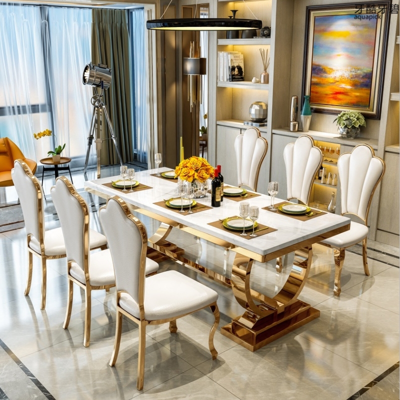 Luxury dining room furniture stainless steel leg dining table set 6 chairs marble top dining table chair set