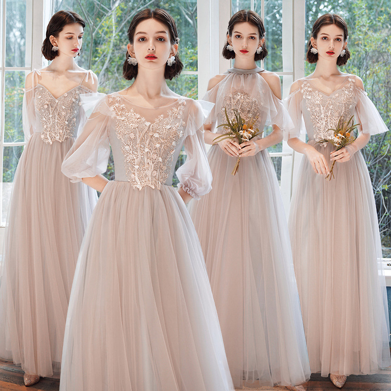 Maxi Long Bridesmaid Marriage Dress 2021 New Design Simple Elegant Swing Grey Fairy Sisters Slim Party Evening Dress