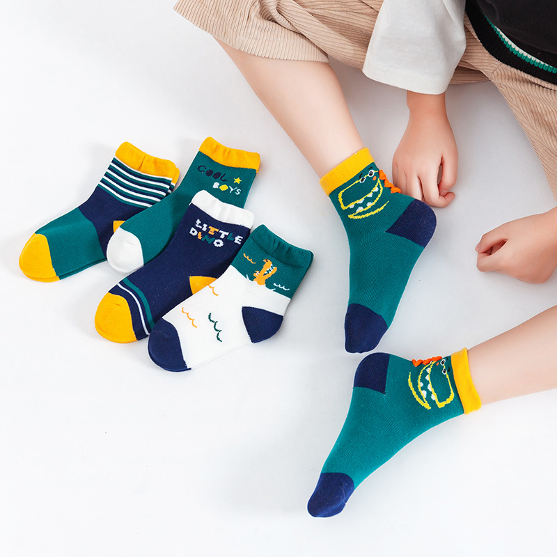 Носки Socksmate детские с мультяшным рисунком, хлопковые спортивные Многослойные носки в полоску с изображением динозавра, голубого цвета для мальчиков