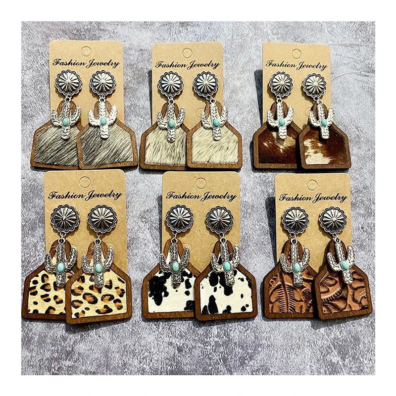 BINSHUO Wholesale Custom Western Jewelry Genuine Leather Horse Hair Inlaid Wooden Pendant Turquoise Cactus Charm Earrings Stud