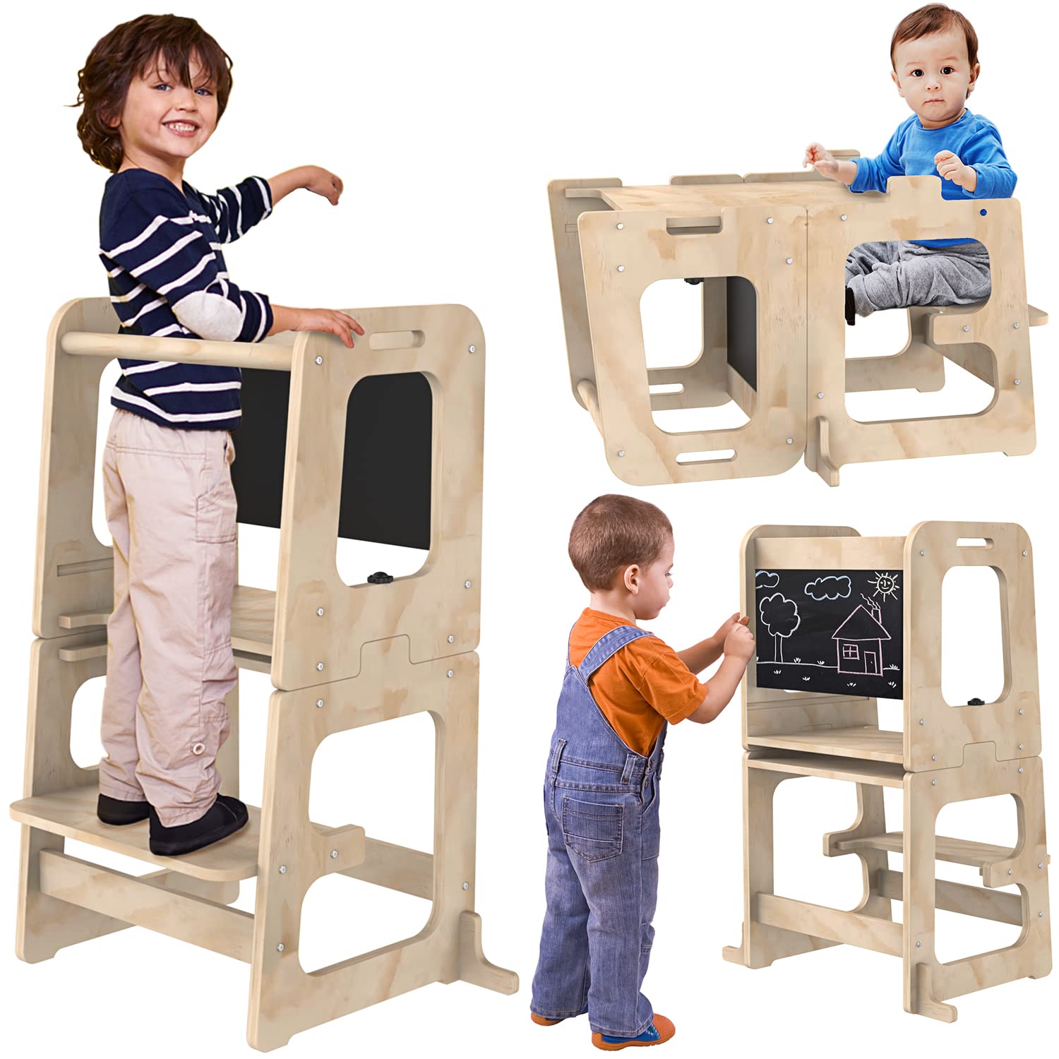 Adjustable Height Safety Bamboo Montessori Kids Foldable Toddler Tower Plastic Solid Wood Helping Tower Learning Tower