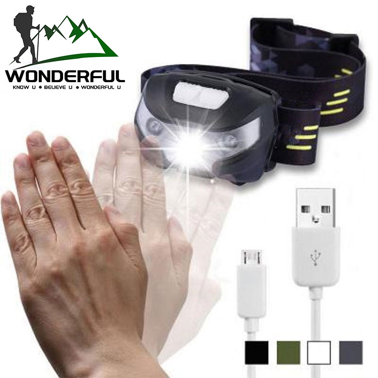 Strong Light USB Charging Night Ride Biking Fishing Camping Hiking Infrared Headlamp Sensor Headlight