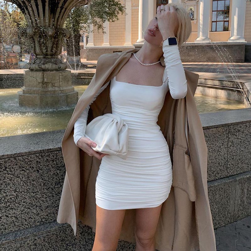 Mumaroho WDA3663HB 2022 весна Bodycon платья женские Хай-стрит в винтажном стиле, зимнее платье с длинными рукавами и рюшами; Пикантные вечерние мини платье для женщин