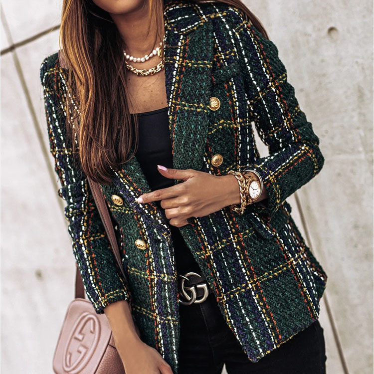 autumn slim fit plaid woolen pocket V neck outerwear jacket women's coat