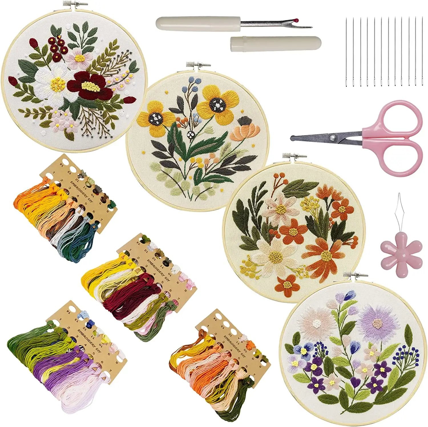 Microstar Handmade Embroidery Floral Embroidery Kit for Beginners DIY Embroidery Hoops Threads 4Sets DIY Stamped Sewing Starter