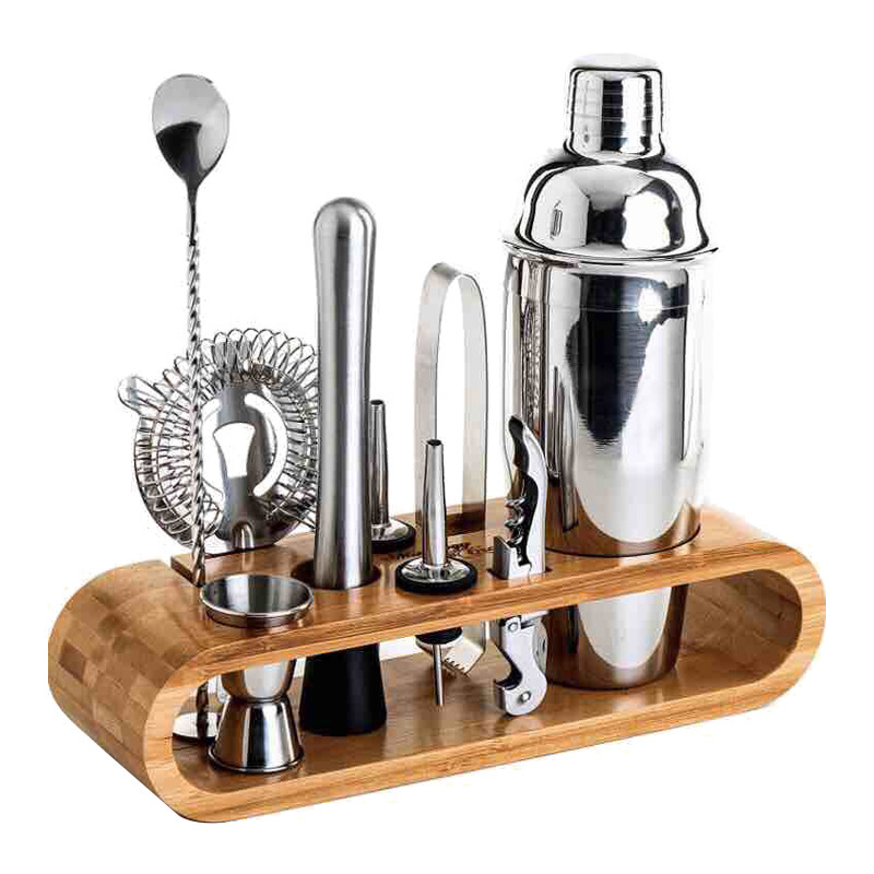 Professional Barware Tools Wooden Stand 8PCS Stainless Steel Bartender Kit Bar Accessories Jigger Cocktail Shaker Set