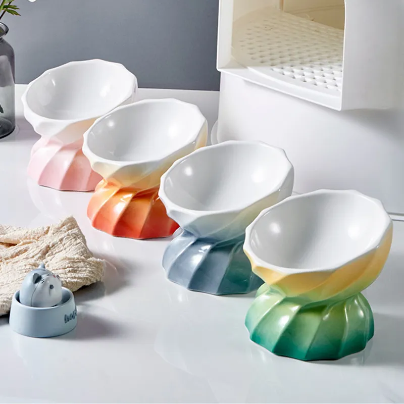 15 Degree Tilted Colorful Screw Pet Bowl Cat Ceramic Elevated Bowl With Silicone Non-slip Base