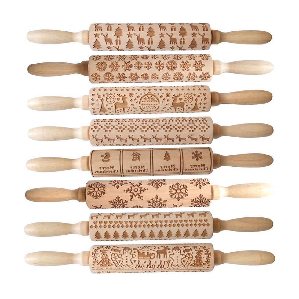 hot selling baking tools wooden embossed mini small wooden christmas print olive wood rolling pin