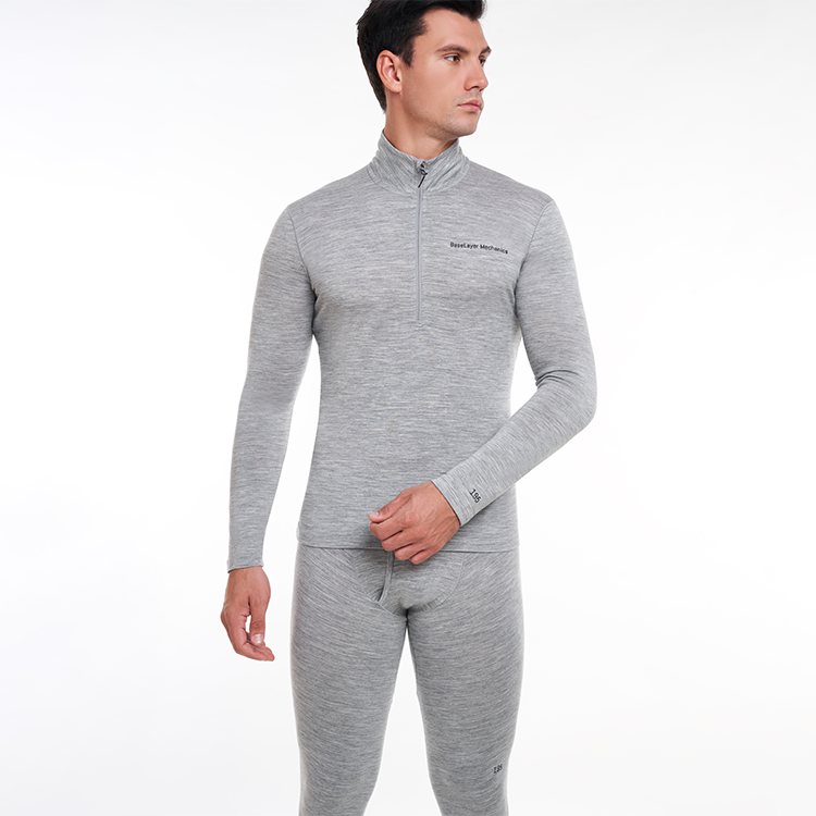 Ready To Ship Black 100%Merino Wool Men'S Long-Sleeve Half-Zip Men'S Top Thermal Men'S Long Underwear
