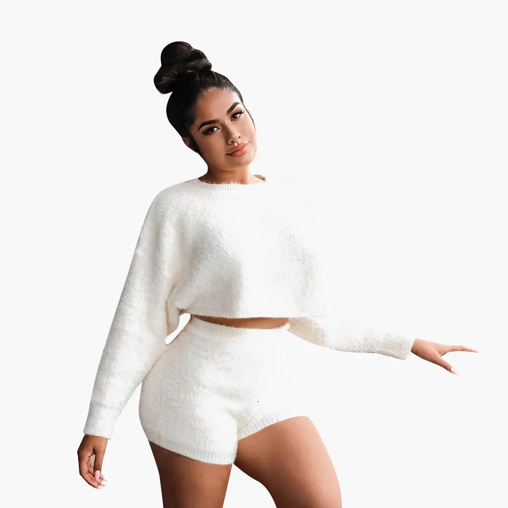 Комплект из двух предметов, свитер, пуловер, Зимний короткий топ и шорты, женская одежда на осень 2020