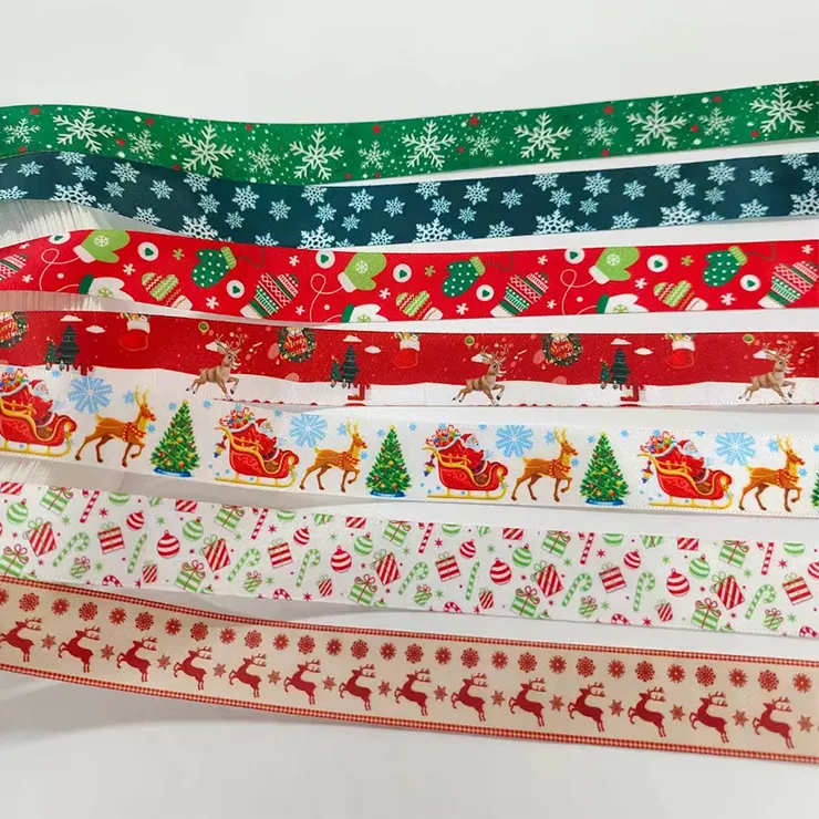 Hot Sale 100 Yards Deer Snowflake Printed X-mas Tree Gift Wrapping Decoration Christmas Ribbon RolL