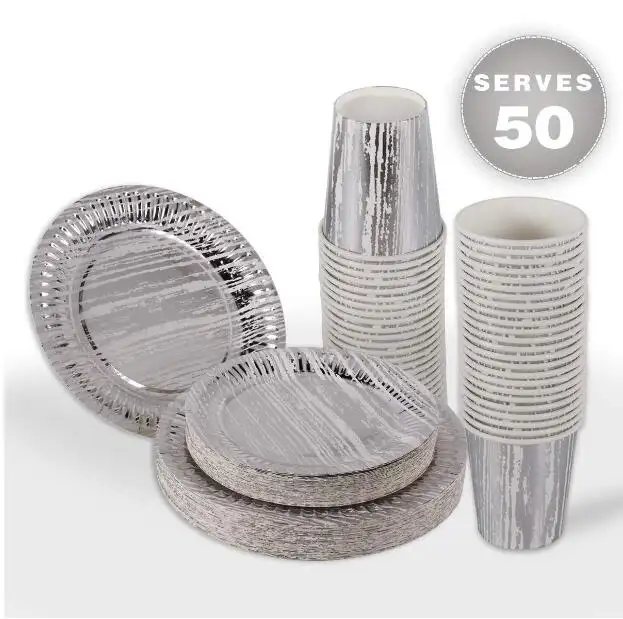Metallic Silver Wood Grain Paper Dinnerware Paper Plates Cups for Wedding Silver Party Supplies Disposable Tableware