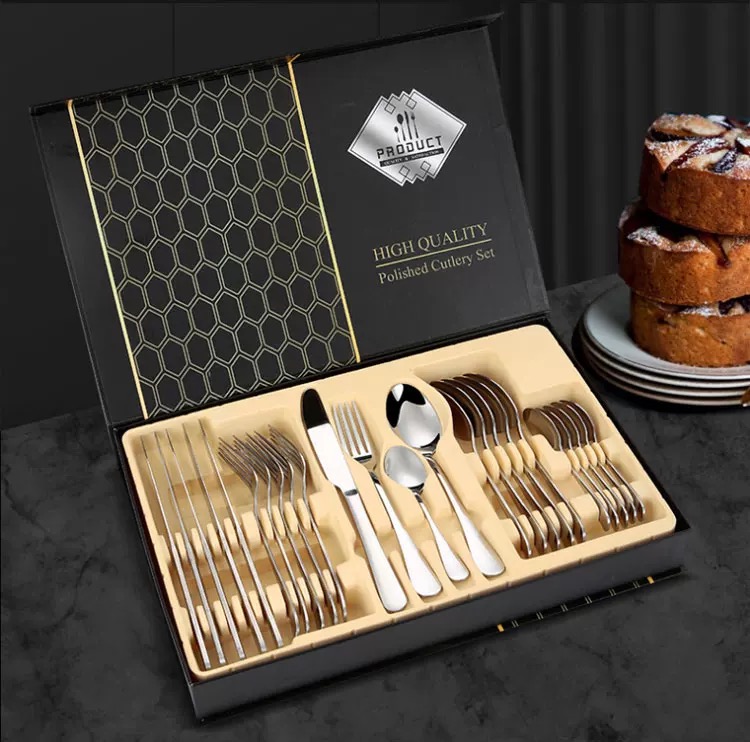 Reusable 24 Pcs Gold Plated Cutlery Spoon Fork Knife Teaspoon Silverware Stainless Steel Cutlery Set Gold