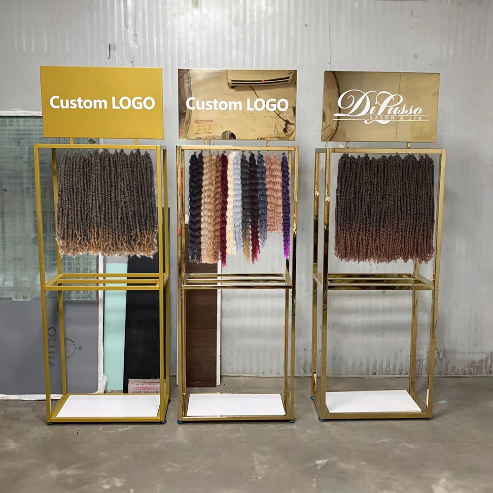 Private Customization Logo Beauty Supply Store Modern Hair Salon Display Shelf Metal Gold Wig Display Stand for Display Wigs