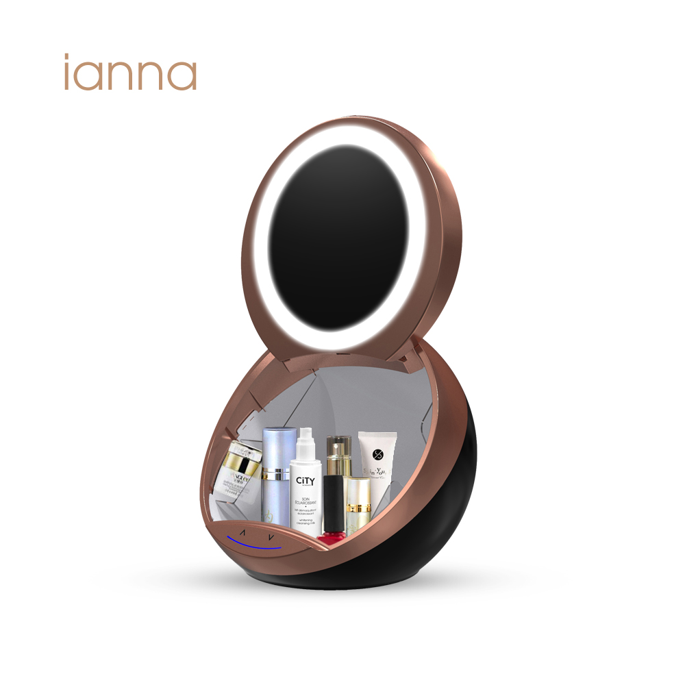 2021 Most Expected ianna LM10 Auto Lift LED Mirror Makeup with Cosmetic Storage Box 4K Round HD Glass White Light Mirror