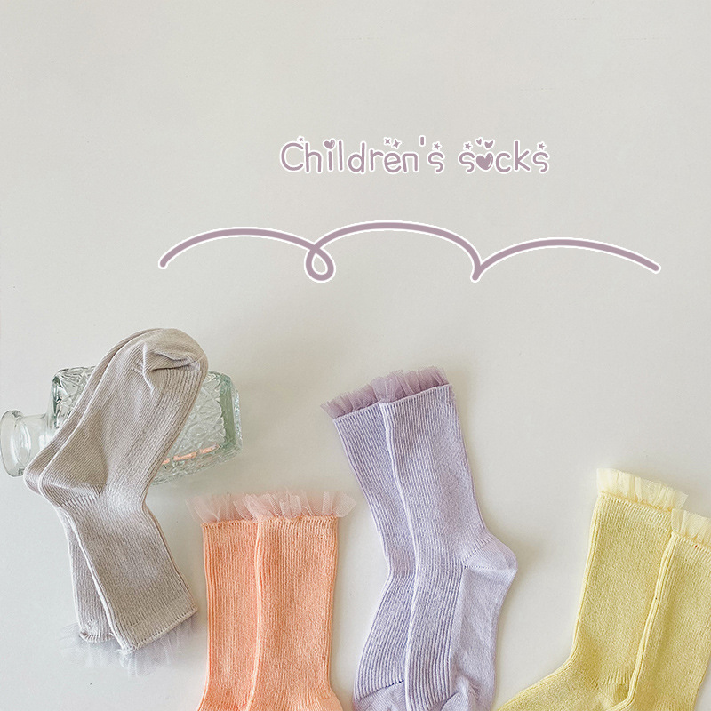 New Design Lace Lovely Princess Socks Solid Color Breathable Knee Length Cotton Children Socks
