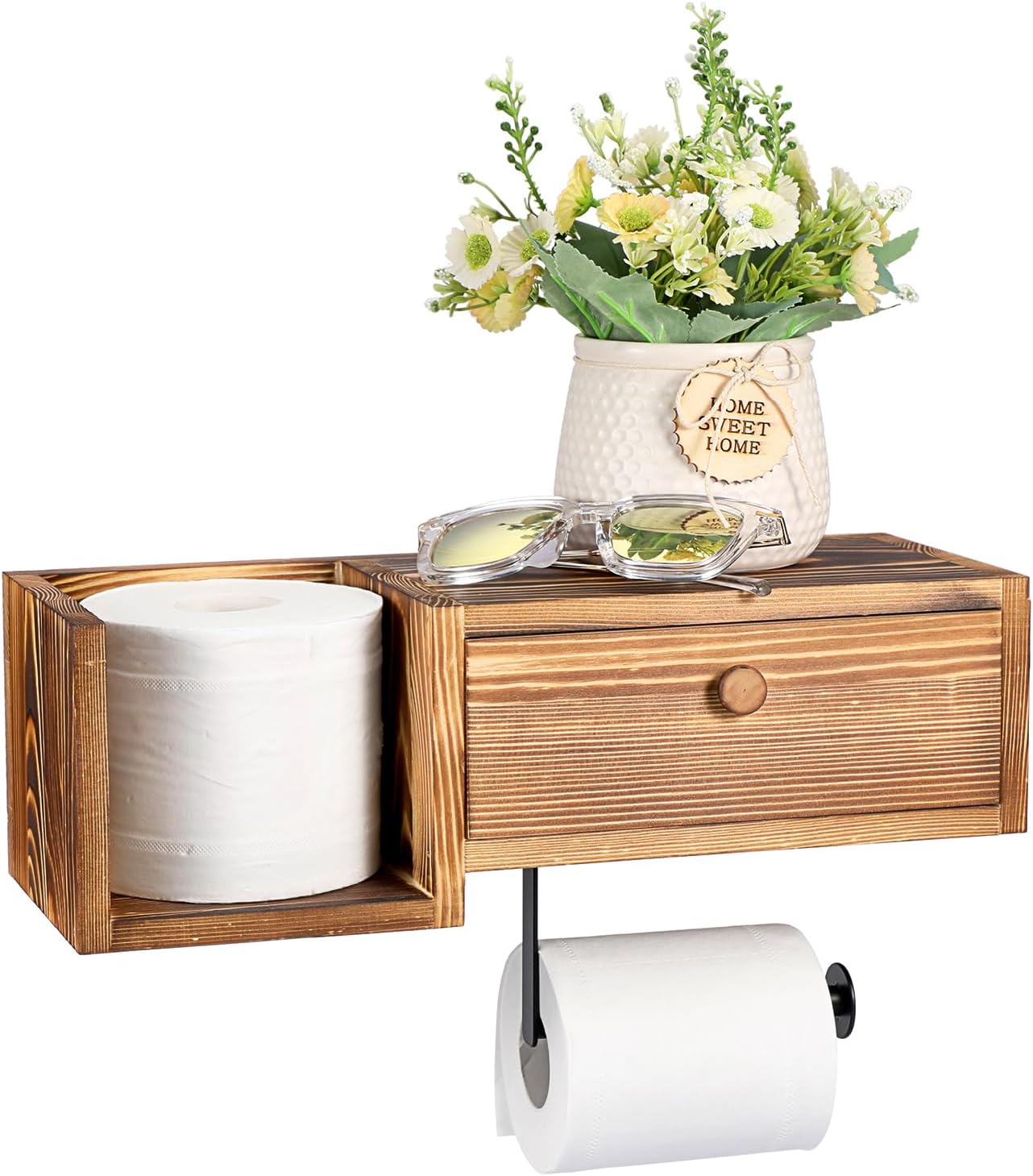 Wall High Quality Mounted Wooden Toilet Paper Holder with Shelf and Drawer,Bathroom Toilet Paper Roll Holder with Storage Box