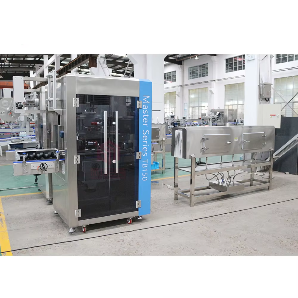 Automatic sleeve labeling and heat shrinking machine for neck of round glass bottle&flat PET bottles