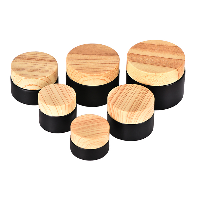 5/10/15/20/30/50g Face Cream Container Matte Black Glass Cream Jars with Wood Grain Lid