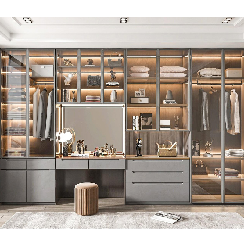 Modern Customized Closet Bedroom Glass Door Wardrobe Luxury Clothes Cabinet Design Wardrobe with Dress Table
