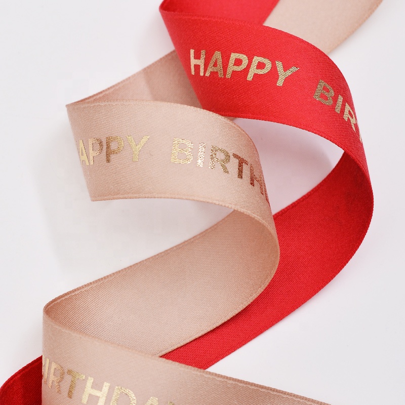 RIBEST Personalised Gilding Custom Polyester Cotton Ribbon With Logo Printed Happy Birthday For Gift Wrap