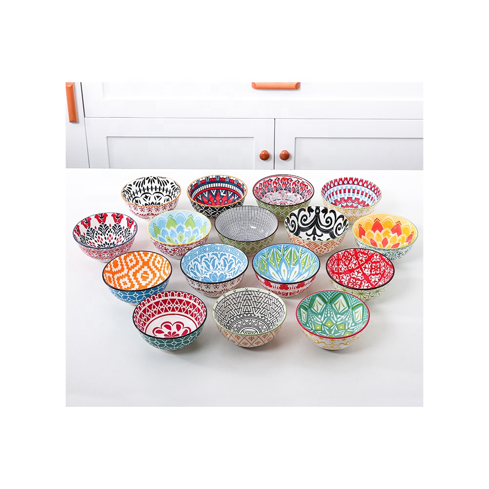 Bohemian ceramic 4.75-inch bowl Japanese style double-sided printing color household retro flower underglaze porcelain rice bowl