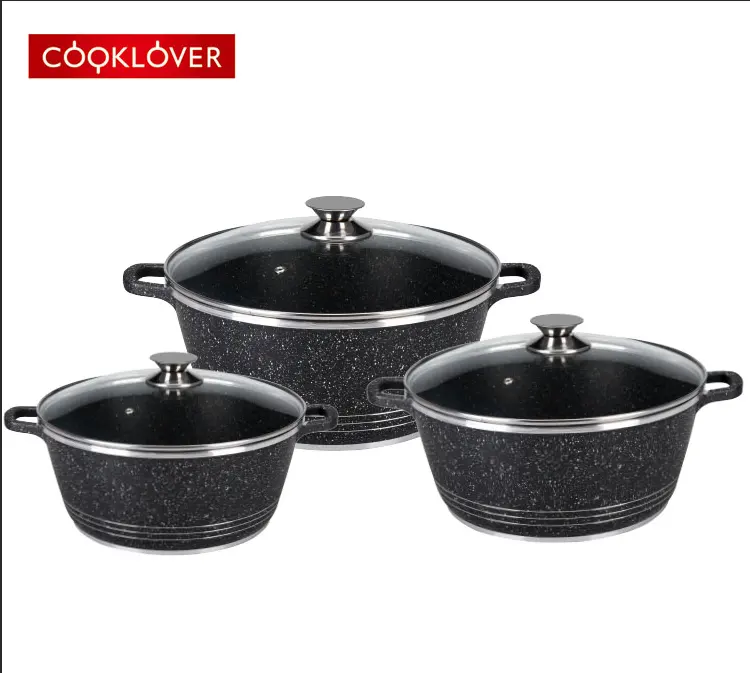 6pcs non stick marble coating induction bottom black cookware set