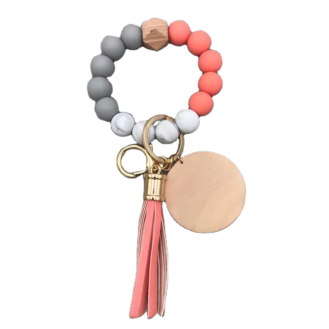 New wooden bead wrist silicone bracelet leather tassel anti-lost key ring