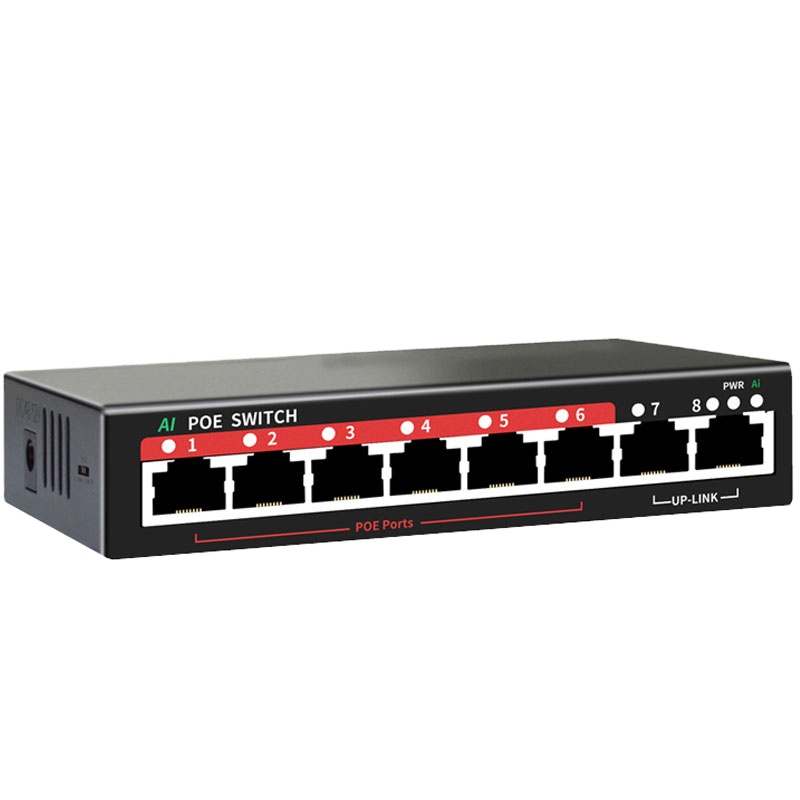 Горячая продажа AI 8-портовый коммутатор PoE Switch, 90 вт адаптер питания (6POE + 2 порта Uplink), 802.3af/at PoE + 100 Мбит/с, распространяется на 250 Метр