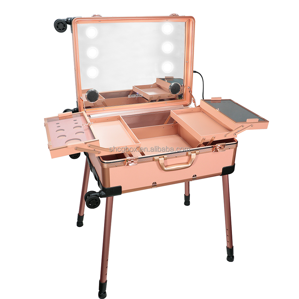 chen gong Lighting Rolling Cosmetic Case with mirror Professional Makeup Case with lights Makeup Box Beauty Train Case